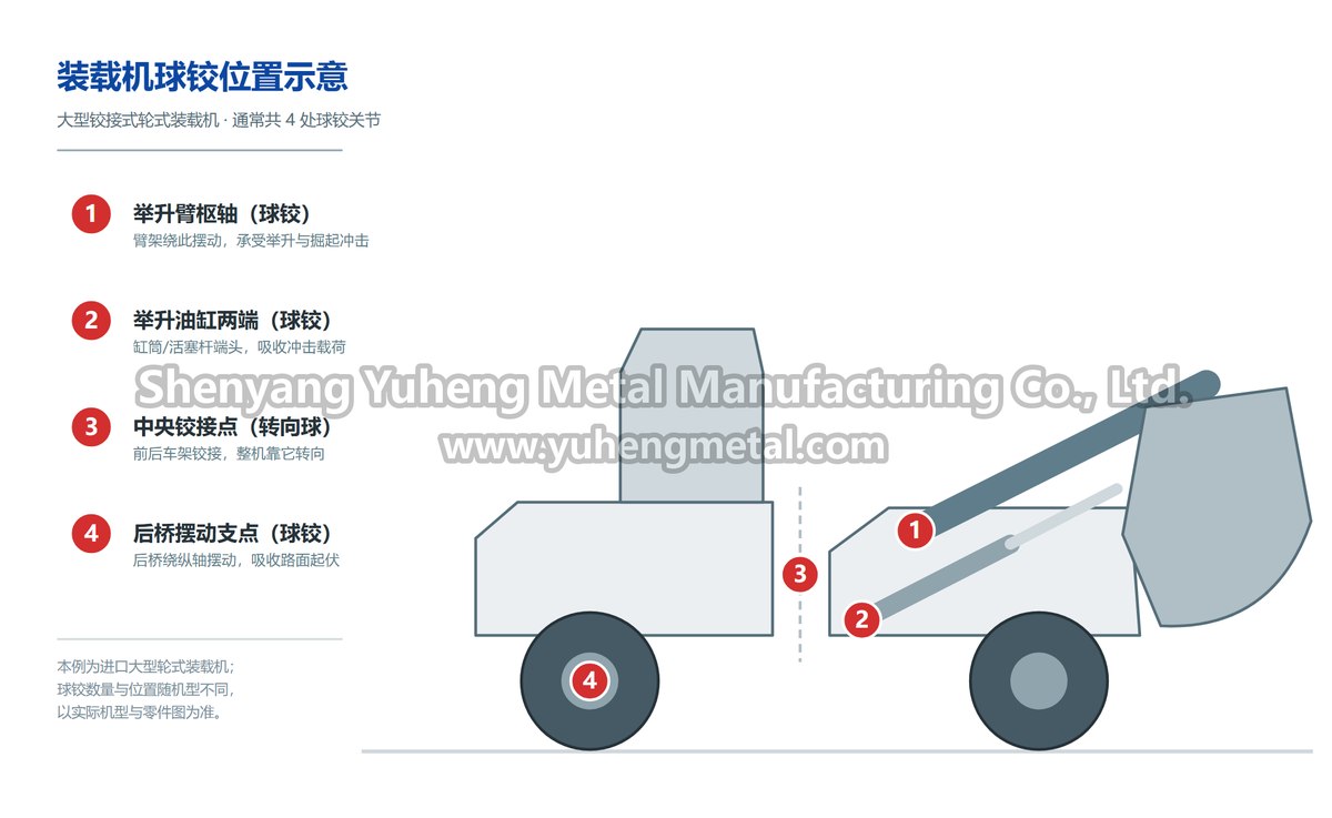 Wheel loader ball and socket joint locations: lift arm pivot, lift cylinder ends, centre articulation, rear axle pivot