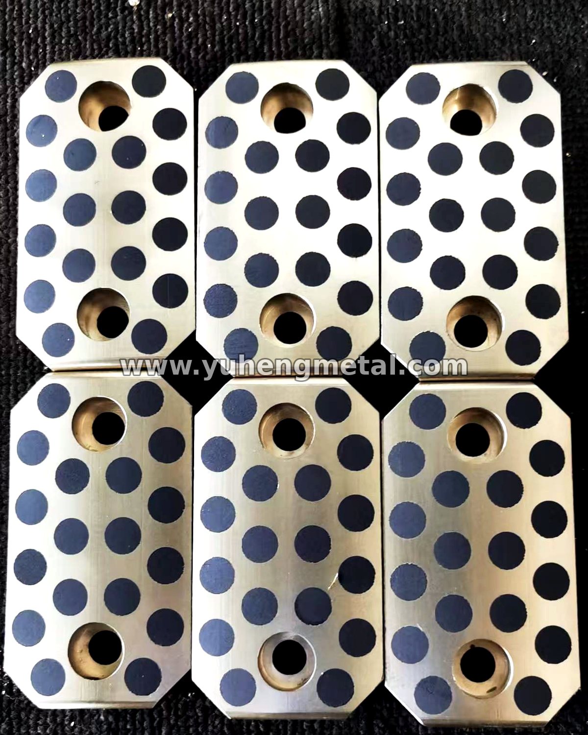 Self-lubricating slide plates with solid lubricant plugs and fixing holes